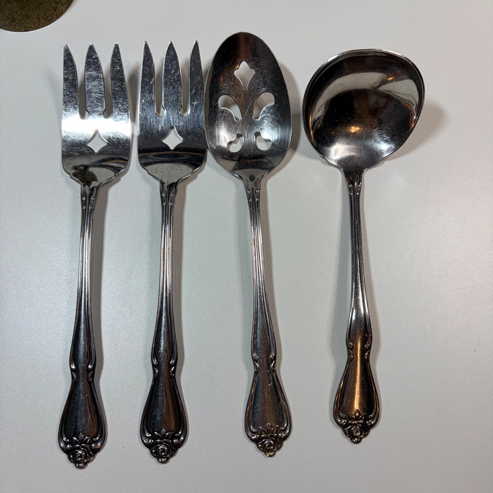 Oneida 1881 Rogers Baroque Rose Stainless Serving Set 4pc Fork Spoon Ladle Vtg
